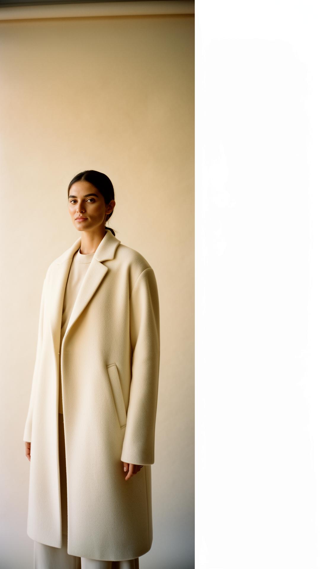 Editorial portrait of a model in a cream wool coat